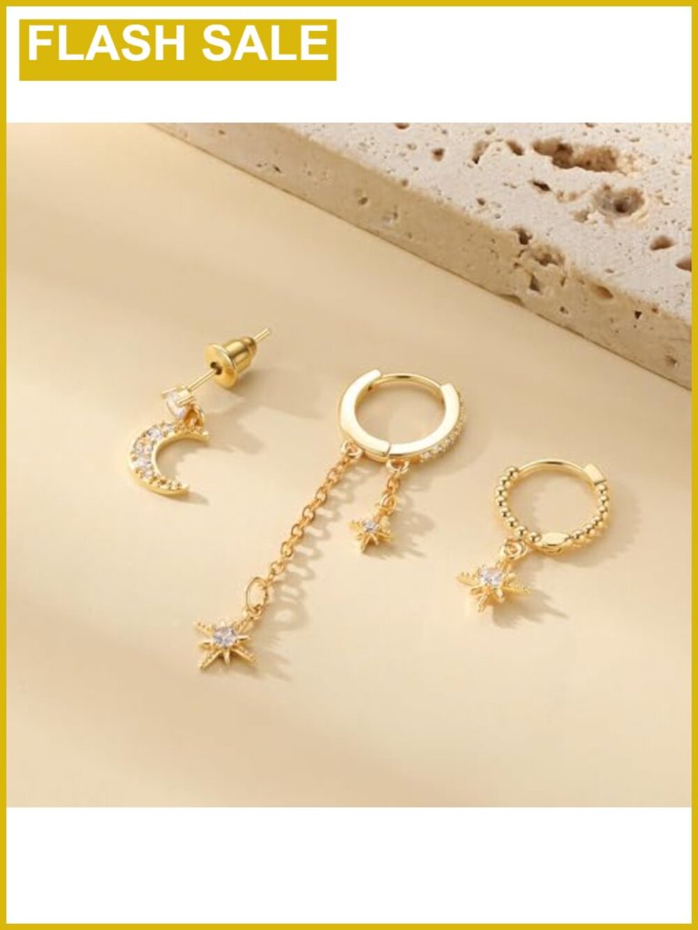 18K Gold Plated Moon Star Hoop Stackable CZ Earring Set for Women - Picture 2 of 3